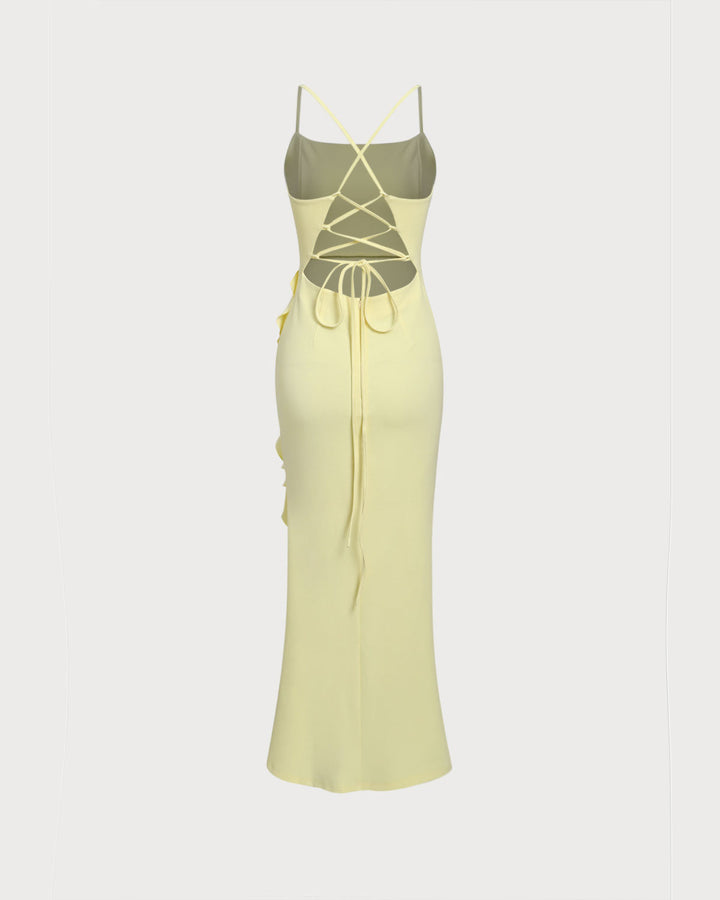 Yellow Ruffle Backless Slit Slip Maxi Dress