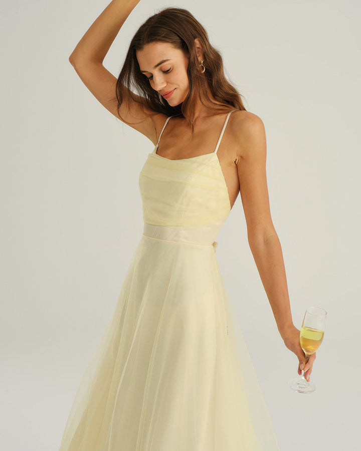 Beige Mesh Flowy Slip Midi Dress