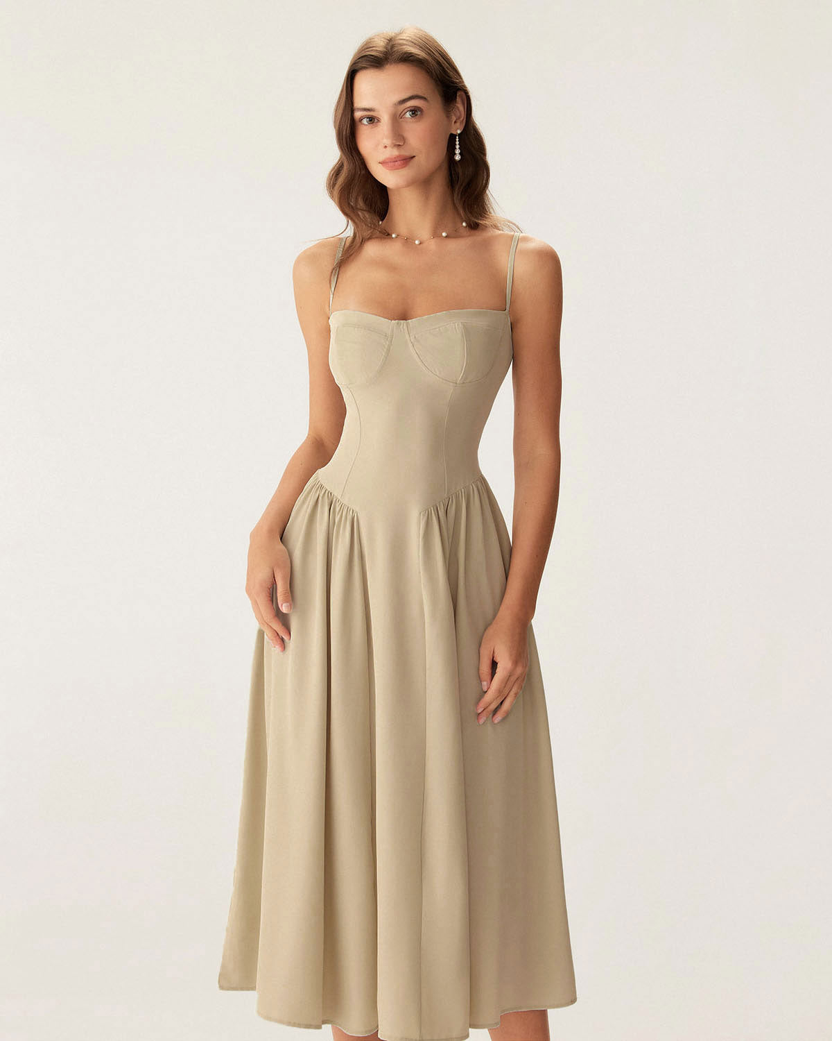 Khaki Square Neck Pocket Slip Midi Dress