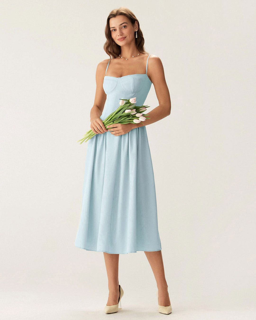 Blue Square Neck Pocket Slip Midi Dress