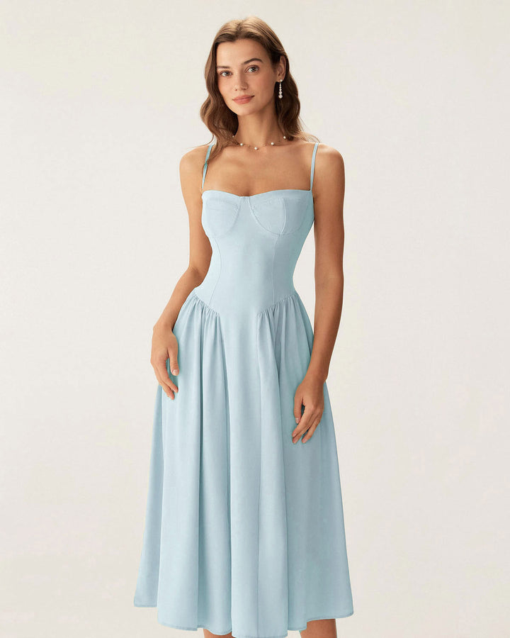 Blue Square Neck Pocket Slip Midi Dress