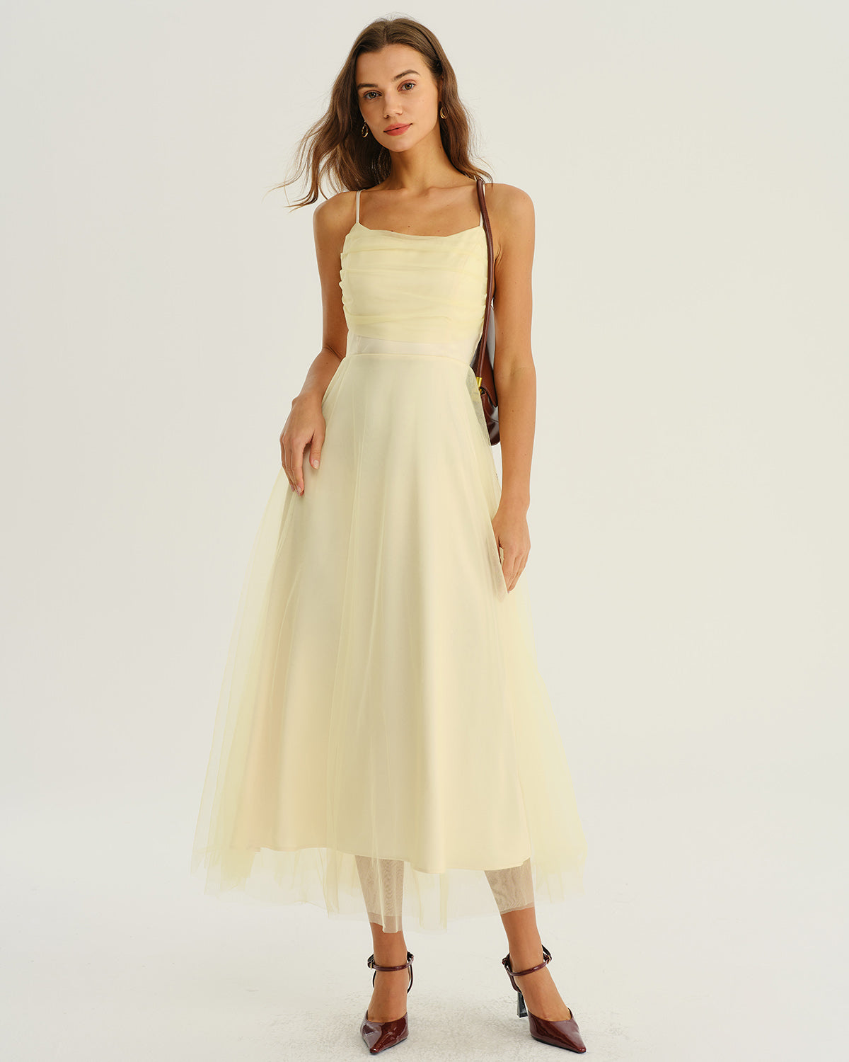 Beige Mesh Flowy Slip Midi Dress