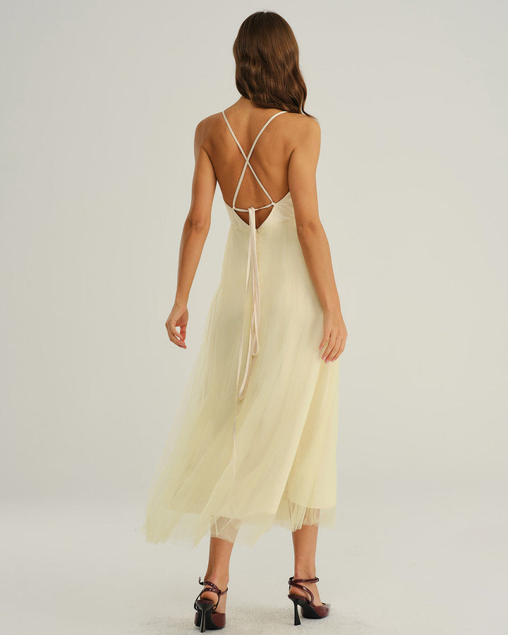 Beige Mesh Flowy Slip Midi Dress