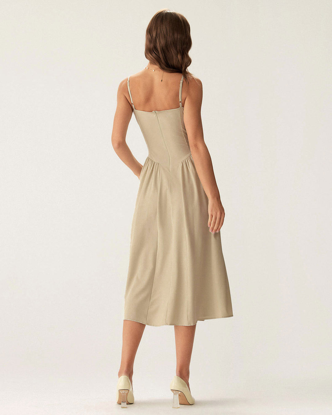 Khaki Square Neck Pocket Slip Midi Dress