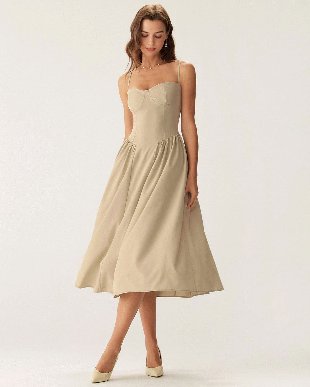 Khaki Square Neck Pocket Slip Midi Dress