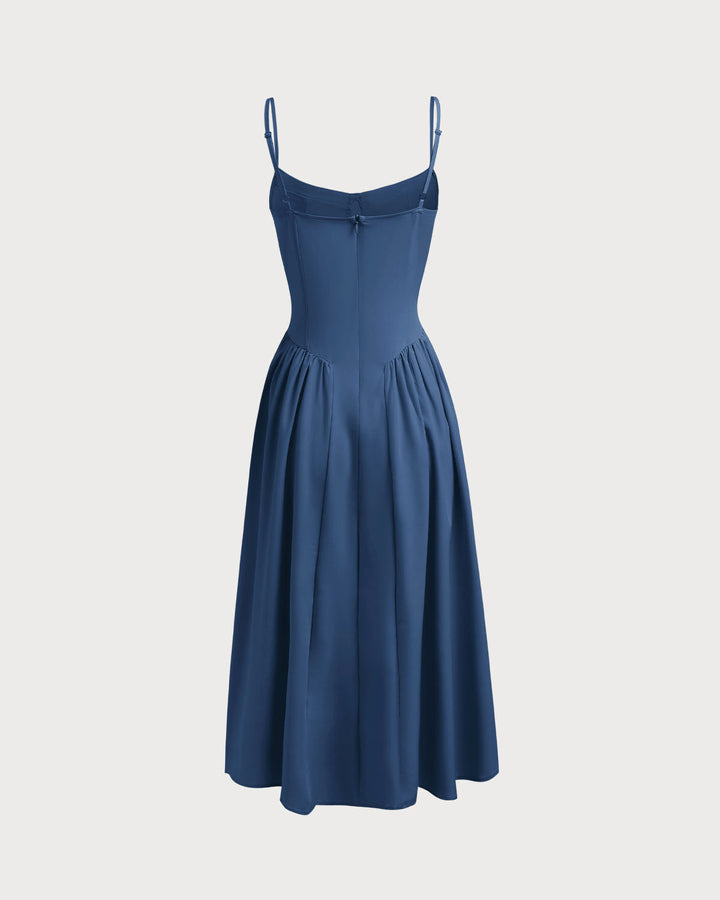 Navy Square Neck Pocket Slip Midi Dress