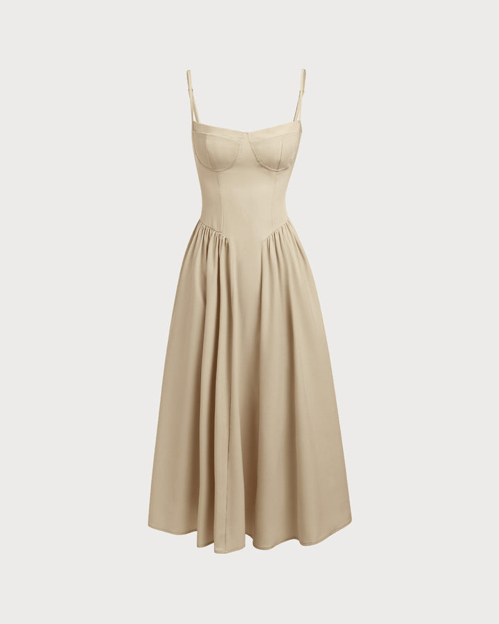Khaki Square Neck Pocket Slip Midi Dress