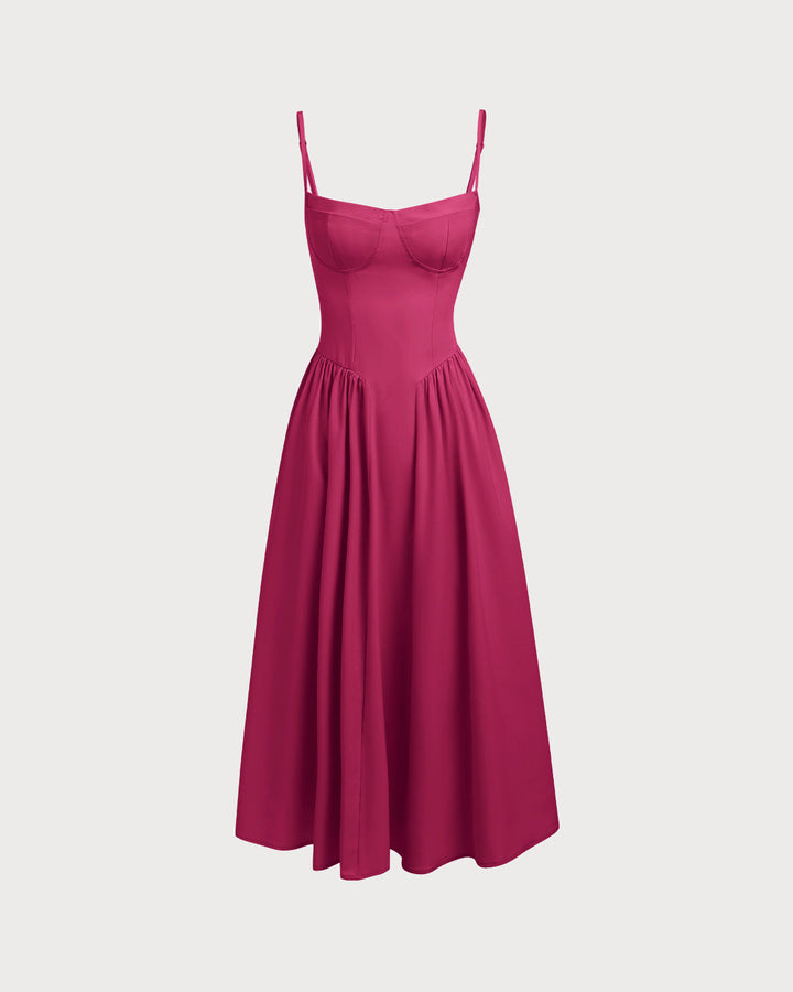 Wine Red Square Neck Pocket Slip Midi Dress