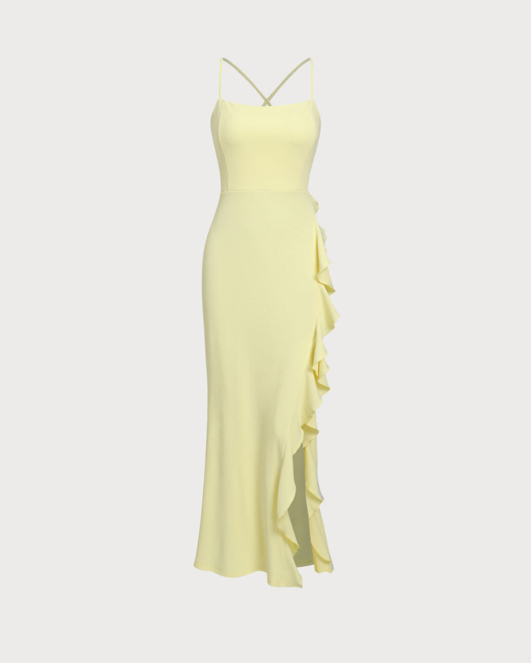Yellow Ruffle Backless Slit Slip Maxi Dress