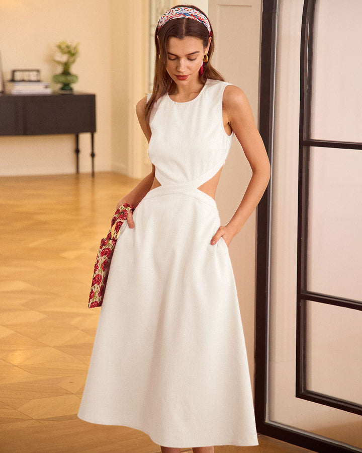 White Cutout Sleeveless Midi Dress