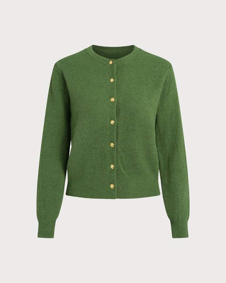 Green Round Neck Casual Knit Cardigan