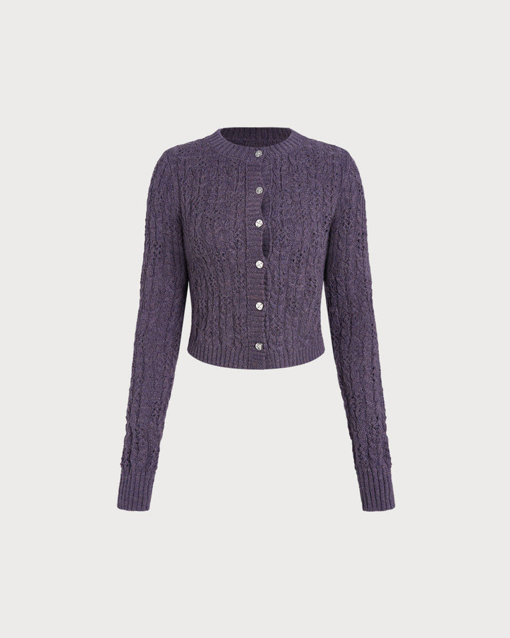 Purple Round Neck Slim Knit Cardigan