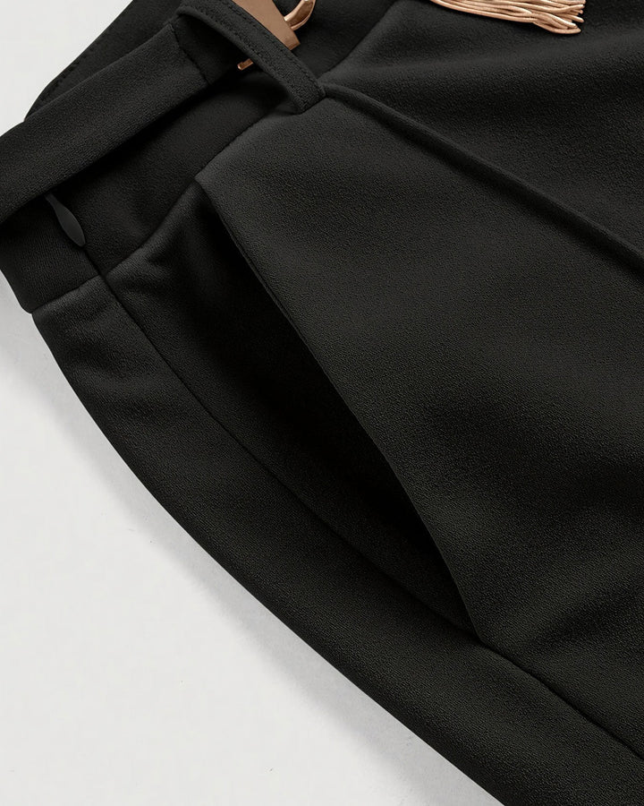 Black Straight Belt Casual Pants