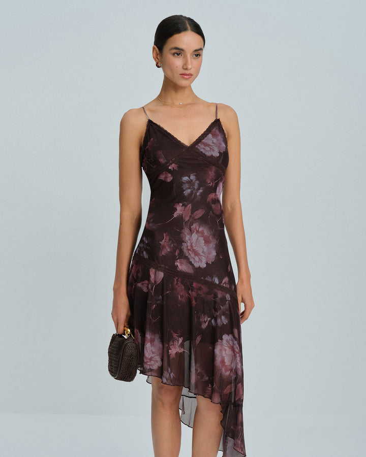 Coffee Floral A-Line Slip Midi Dress