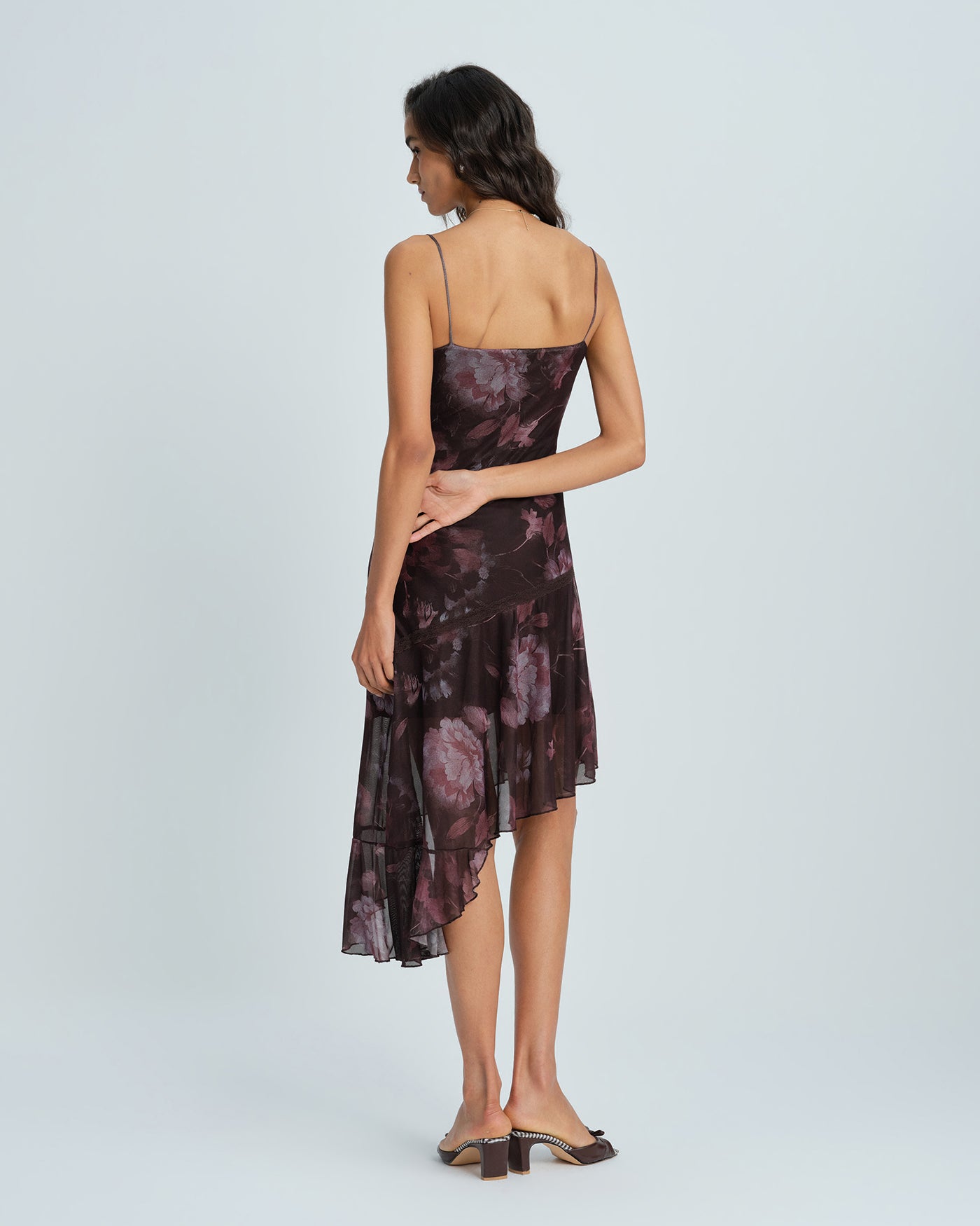 Coffee Floral A-Line Slip Midi Dress