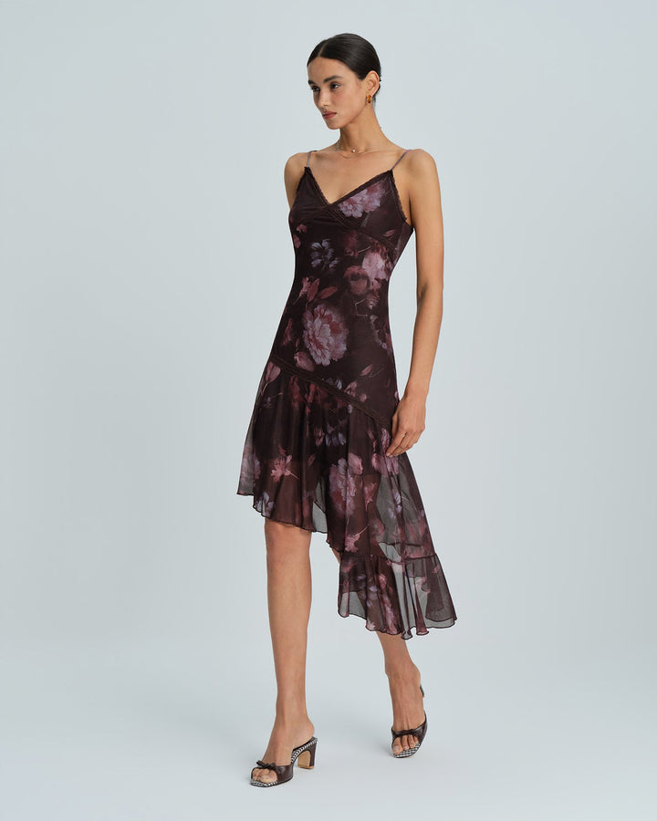 Coffee Floral A-Line Slip Midi Dress