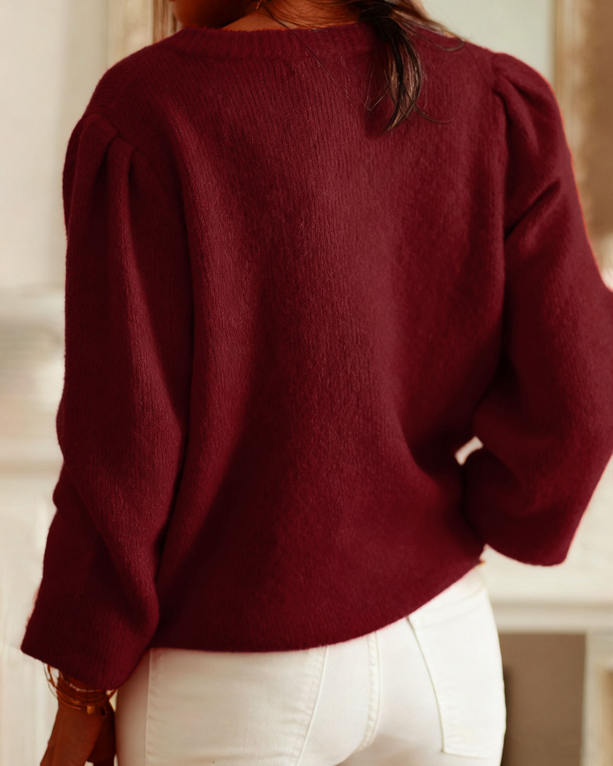 Wine Red Round Neck Knit Cardigan