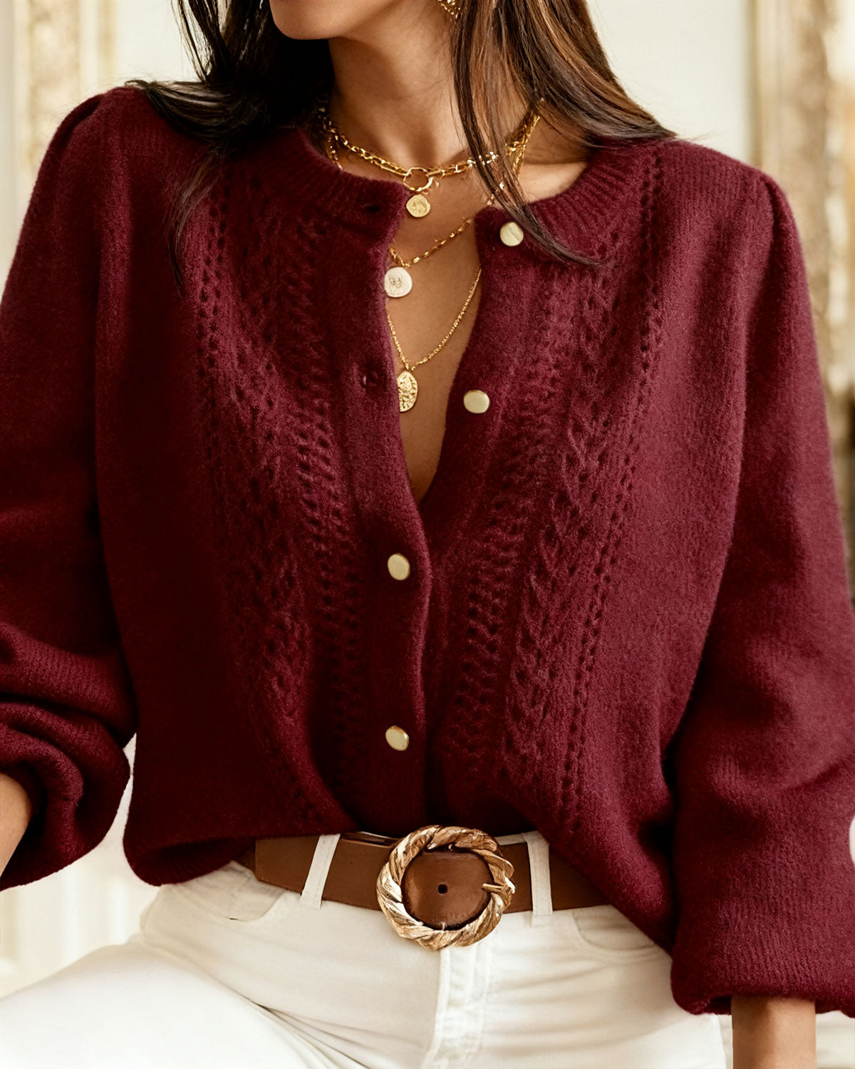 Wine Red Round Neck Knit Cardigan