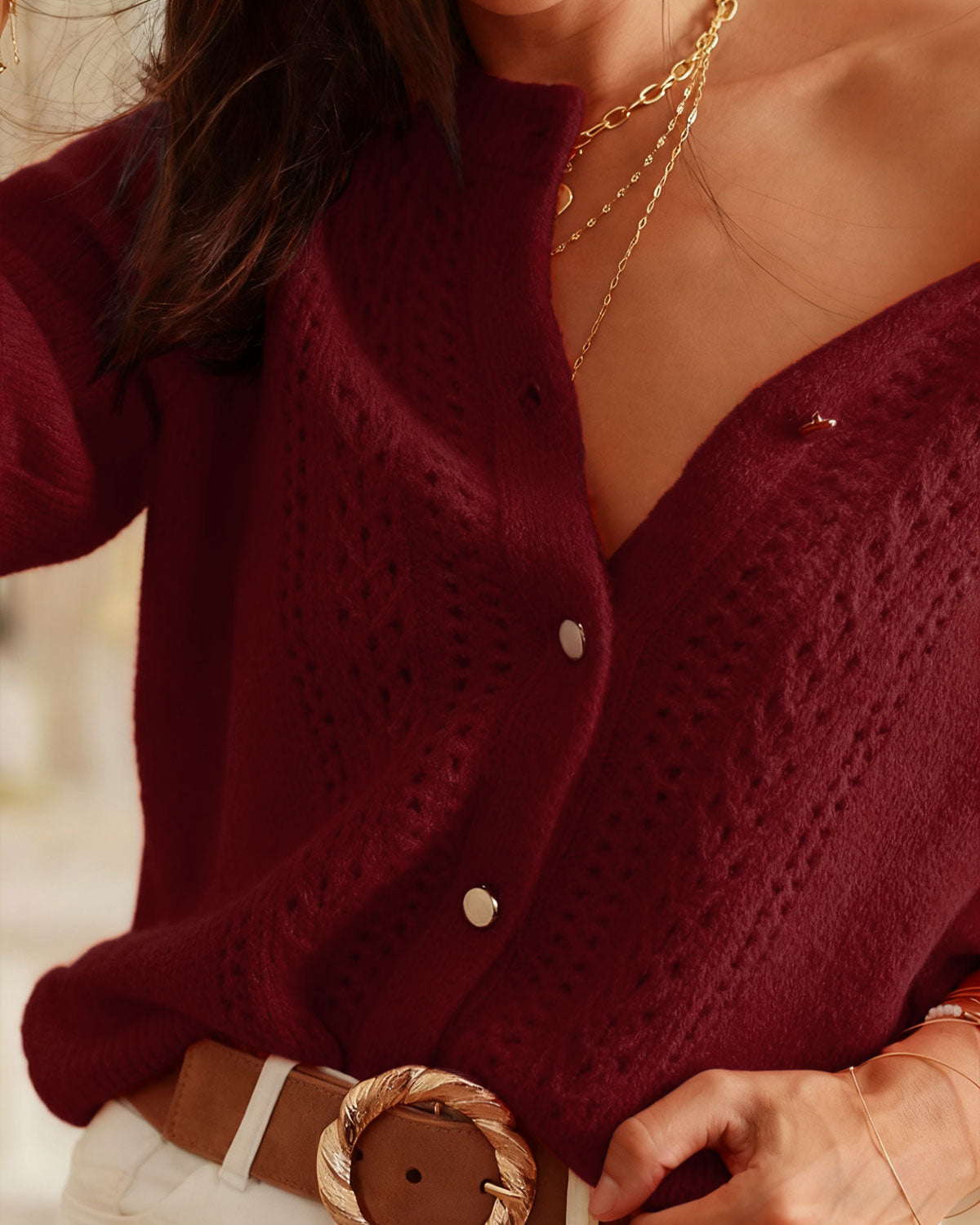 Wine Red Round Neck Knit Cardigan