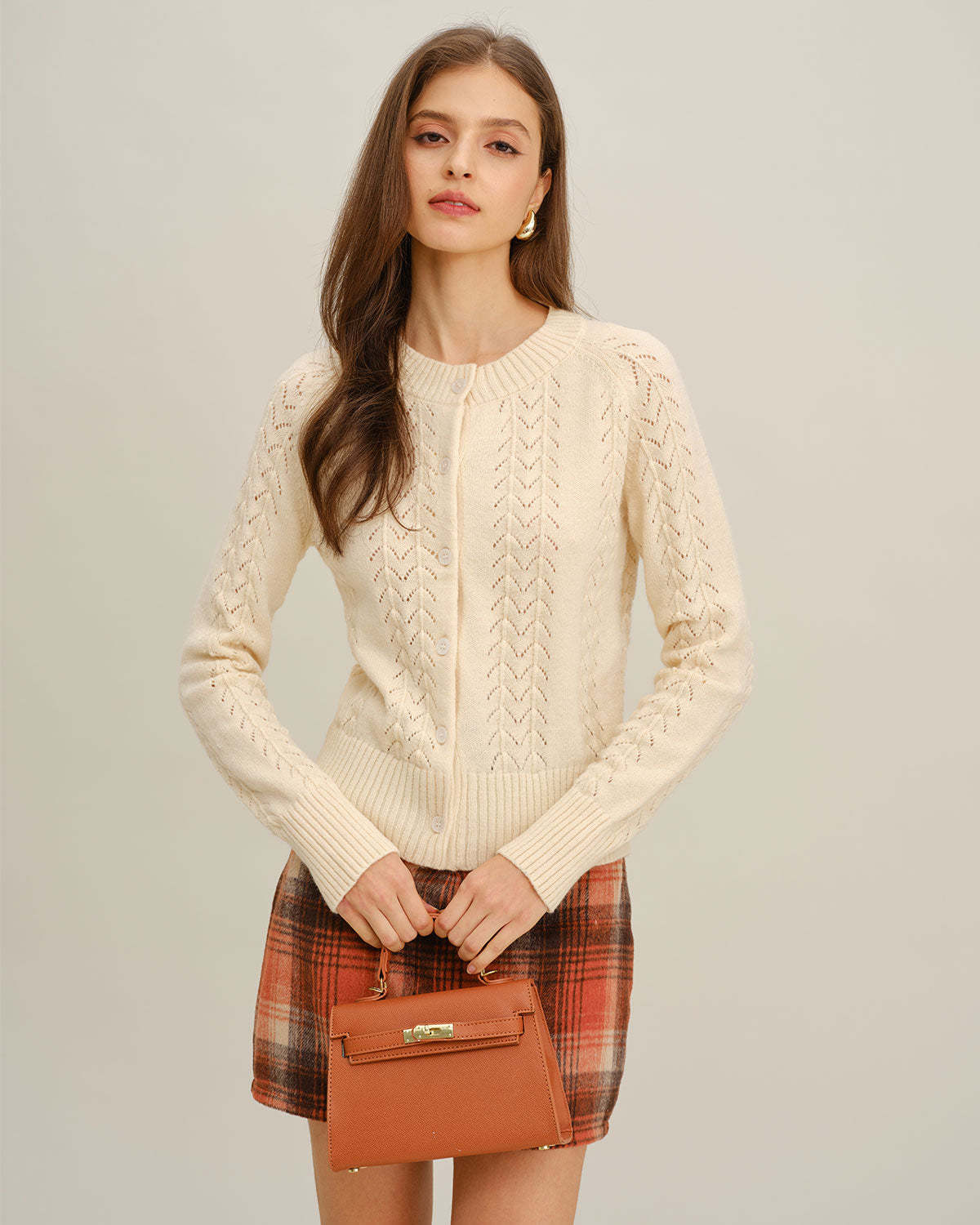 Beige Round Neck Knit Cardigan