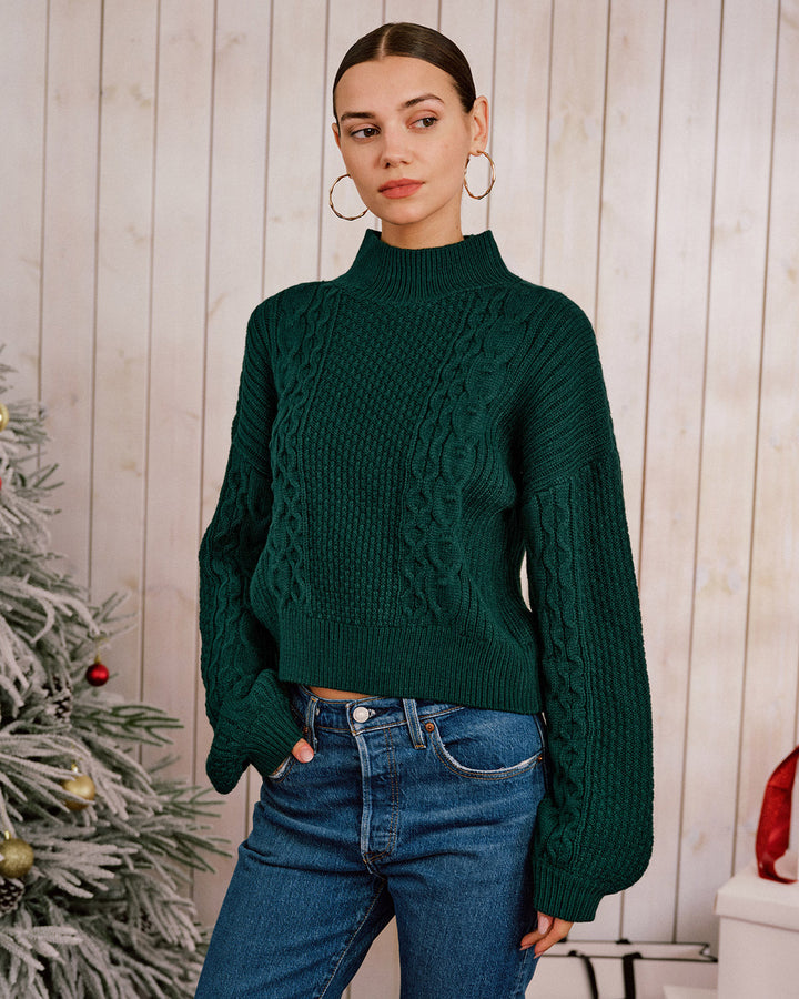 Green Mock Neck Lantern Sleeve Sweater