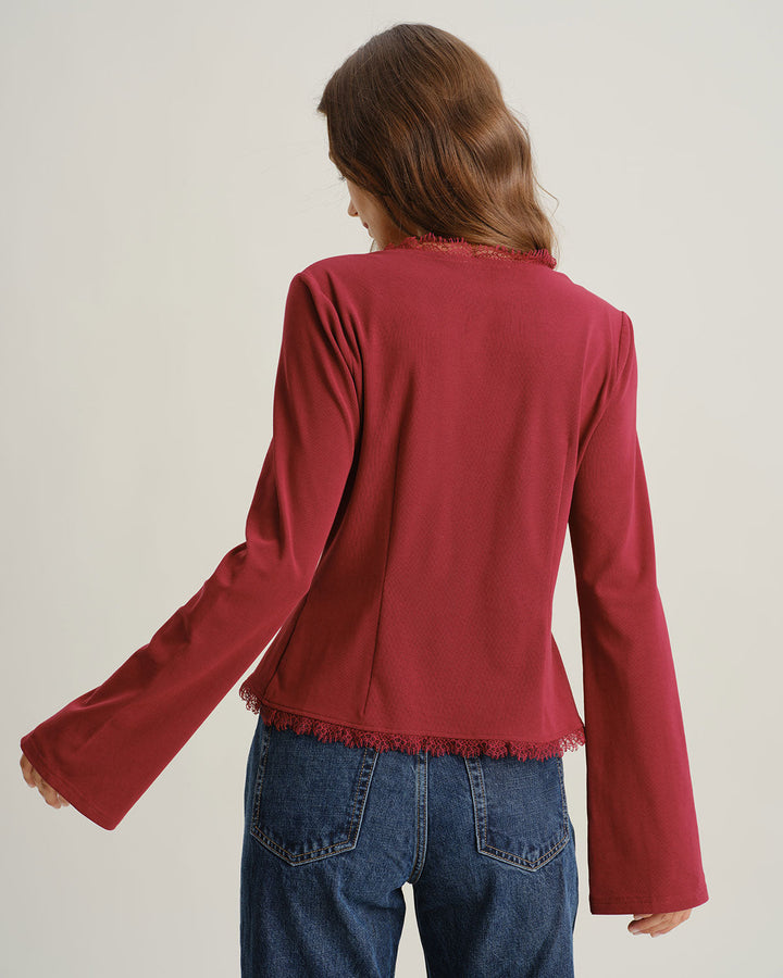 Red V Neck Tie-front Cardigan