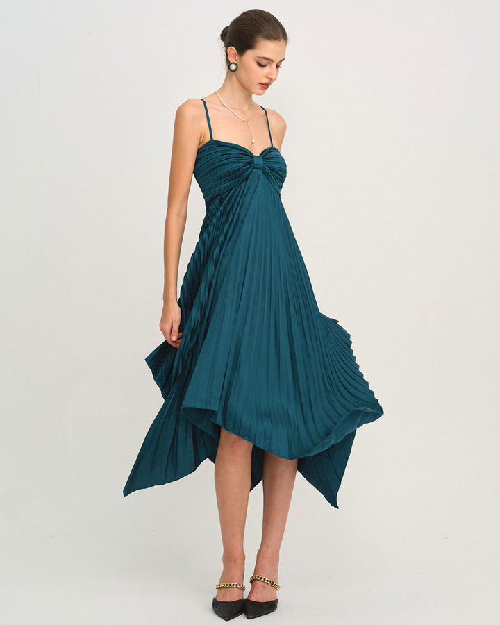 Green Shirred Slip Midi Dress