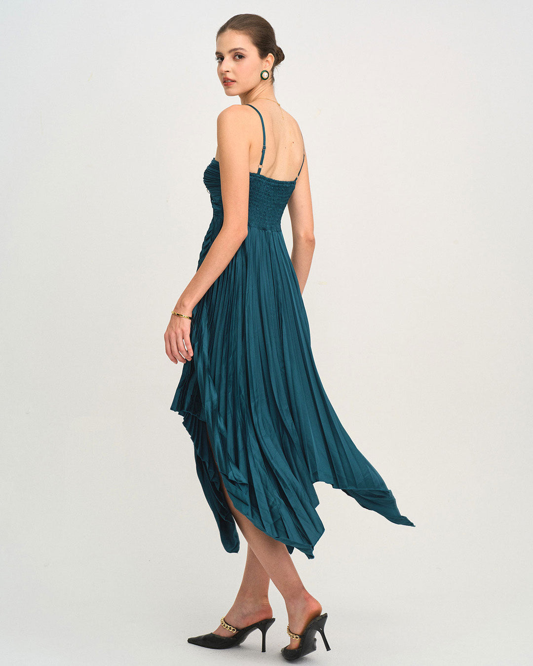 Green Shirred Slip Midi Dress
