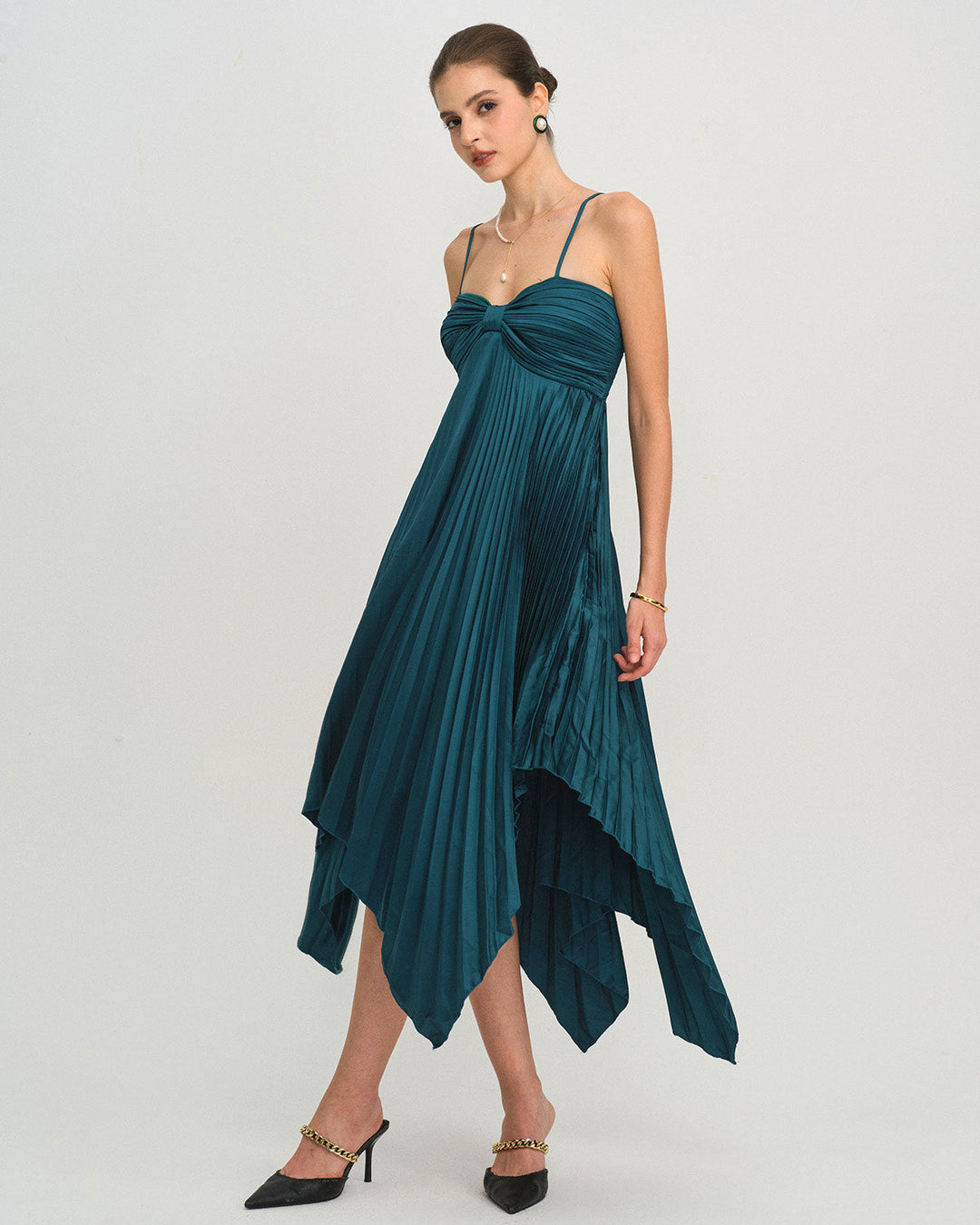 Green Shirred Slip Midi Dress