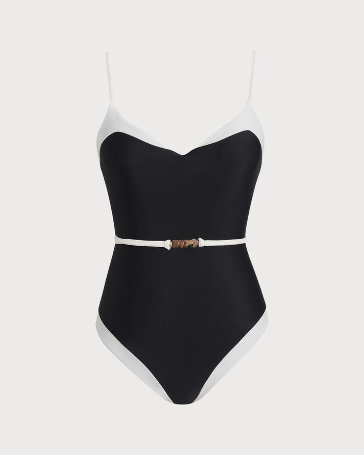 Black Contrasting V Neck One Piece Swimwear
