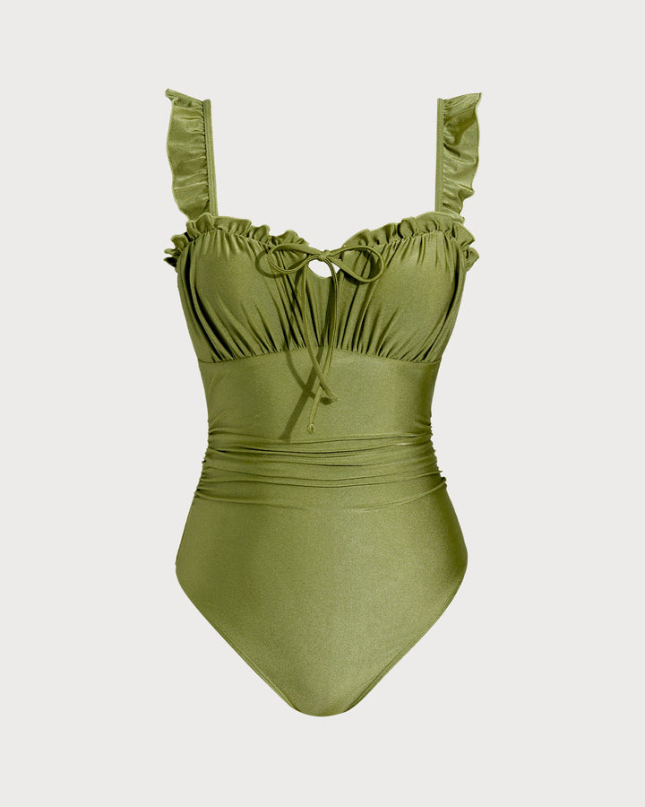 Green Ruched Bralette One Piece Swimwear