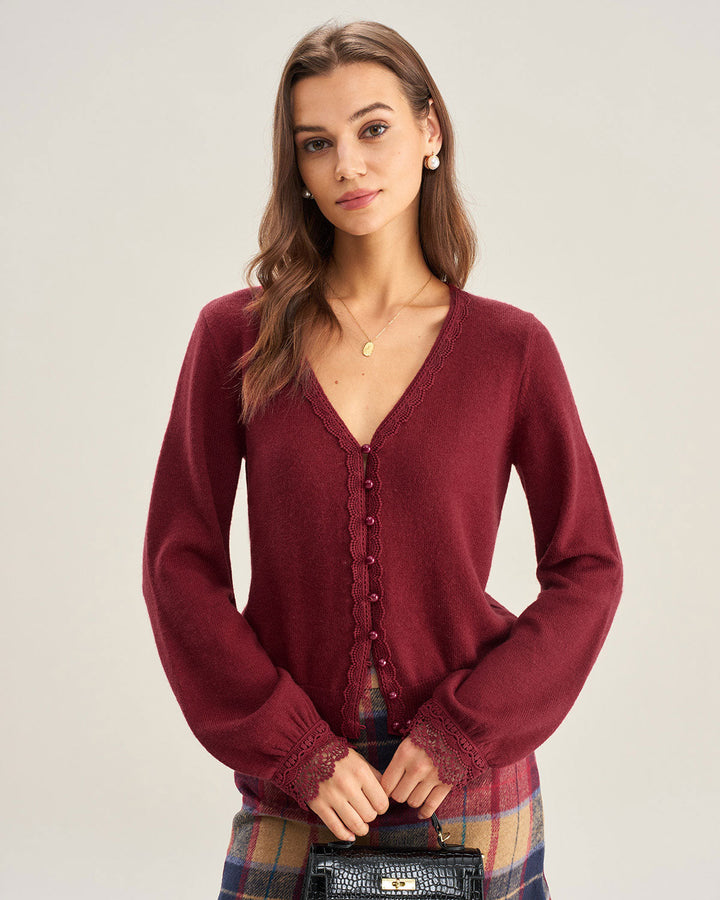 Red V Neck Lace Trim Knit Cardigan
