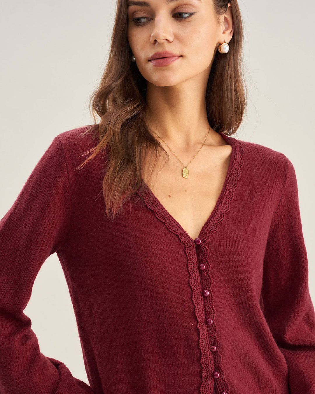 Red V Neck Lace Trim Knit Cardigan