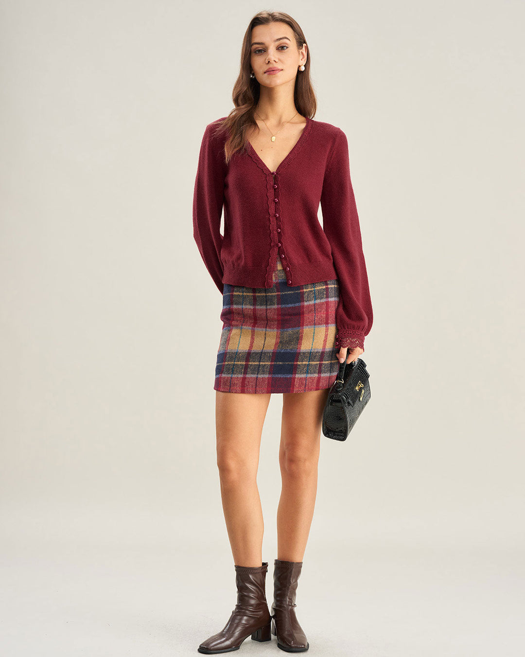 Red V Neck Lace Trim Knit Cardigan