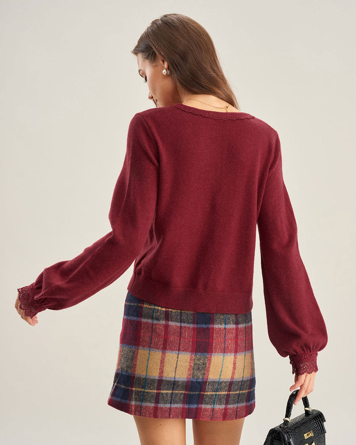 Red V Neck Lace Trim Knit Cardigan