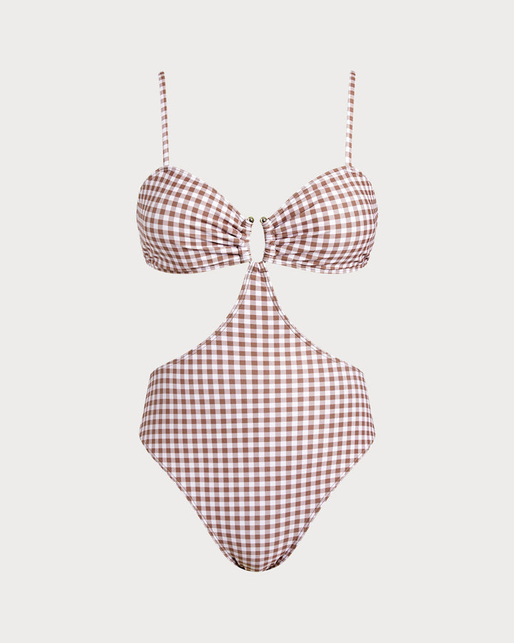 Coffee Plaid One Piece Swimwear