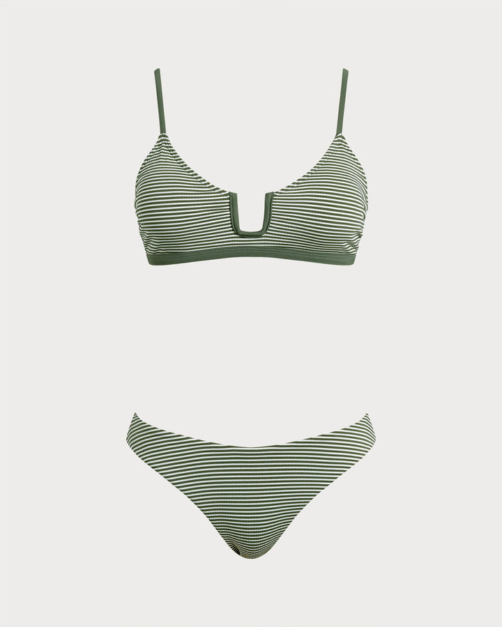 Army Green Striped Bralette Bikini Set