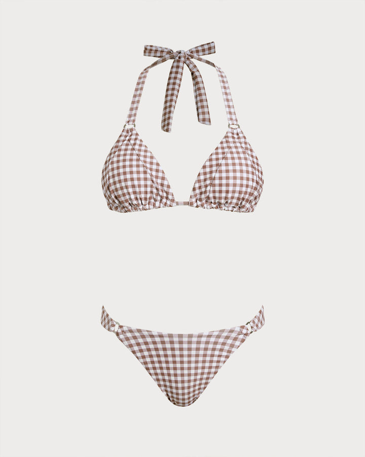 Coffee Plaid Halter Bikini Sets