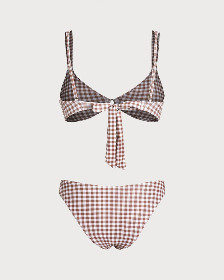 Coffee Plaid O-Ring Bikini Sets