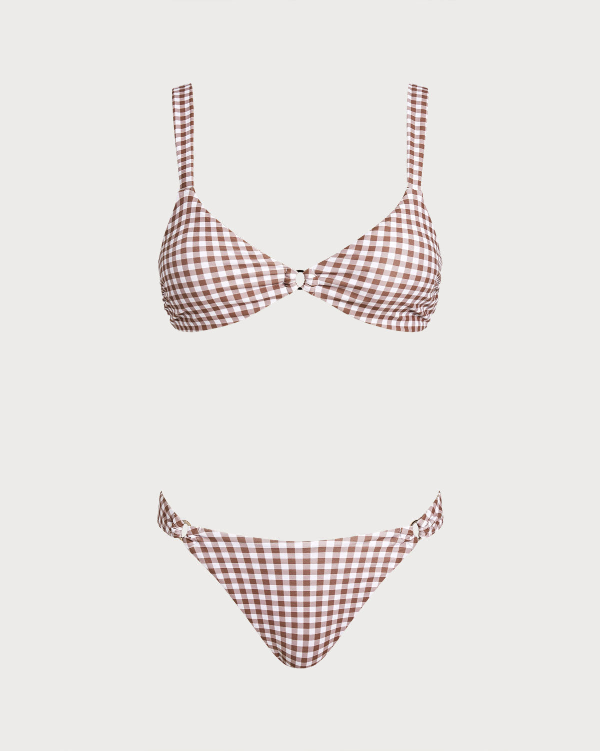 Coffee Plaid O-Ring Bikini Sets