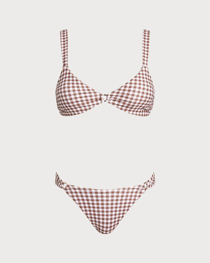 Coffee Plaid O-Ring Bikini Sets