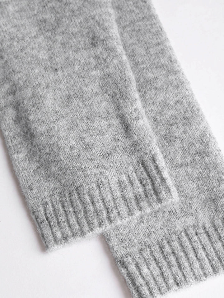 Grey Round Neck Ribbed Knit Cardigan