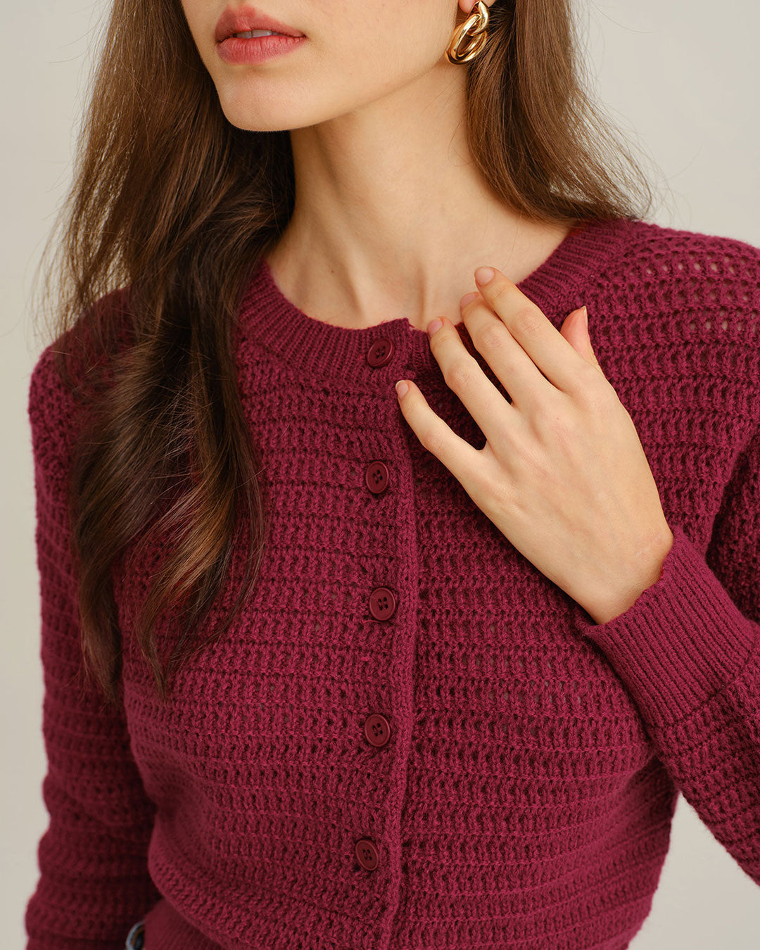 Wine Red Single Breasted Round Neck Knit Cardigan