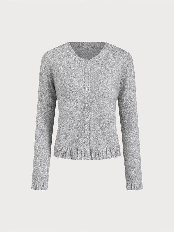 Grey Round Neck Ribbed Knit Cardigan