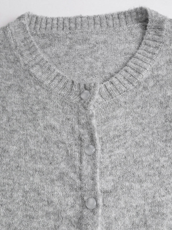 Grey Round Neck Ribbed Knit Cardigan