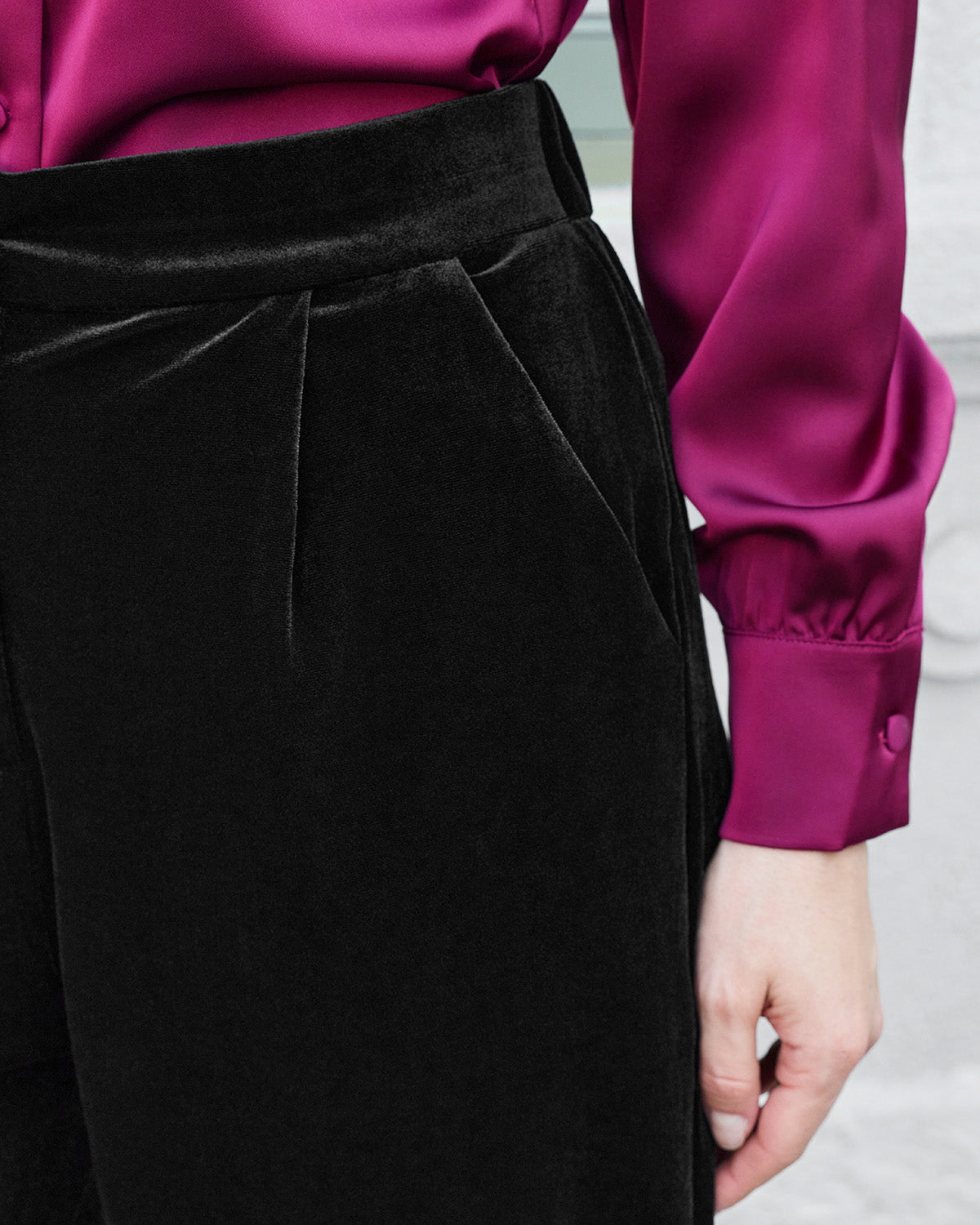 Black Velour Natural Waisted Straight Pants