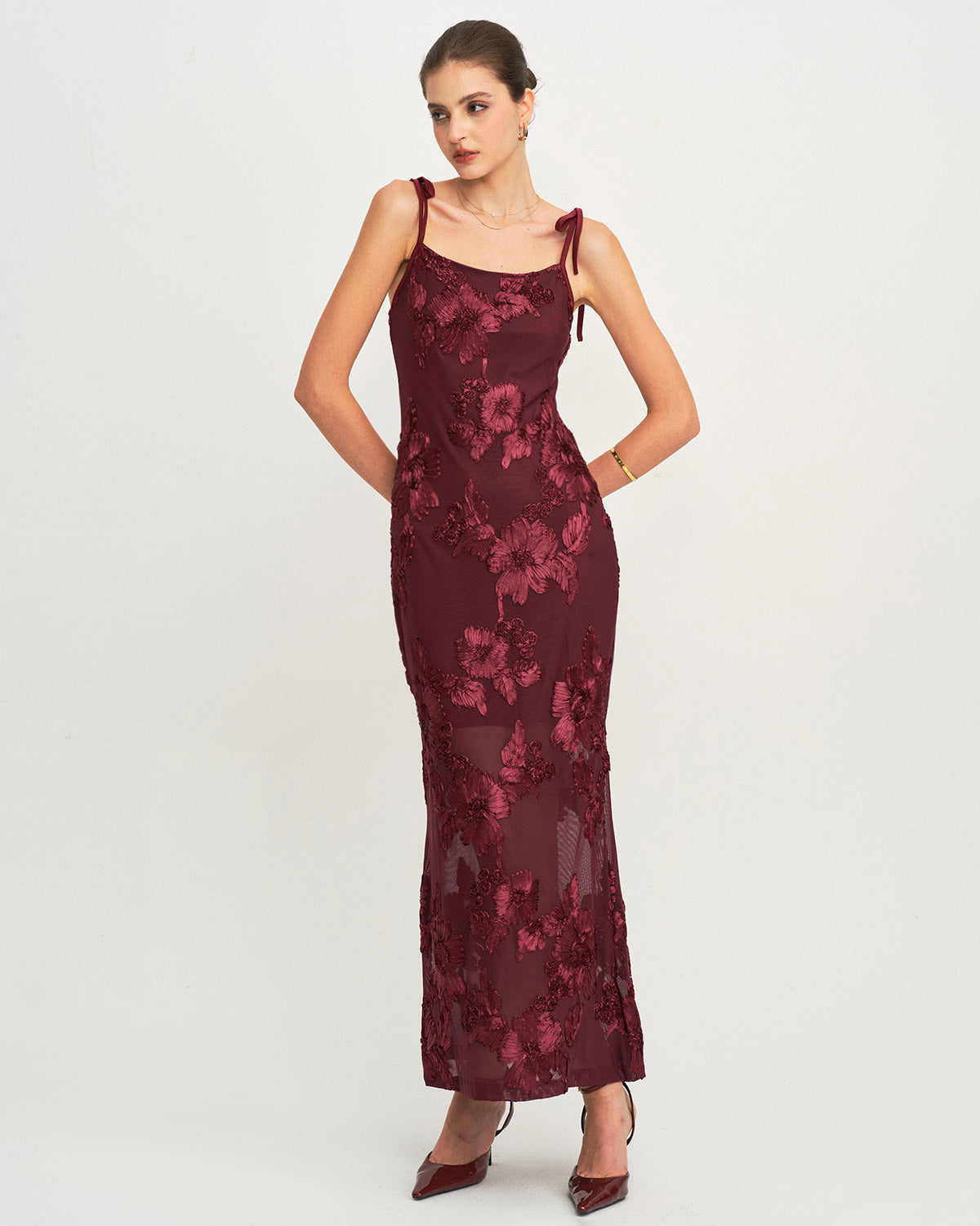 Wine Red Jacquard Slip Maxi Prom Dress