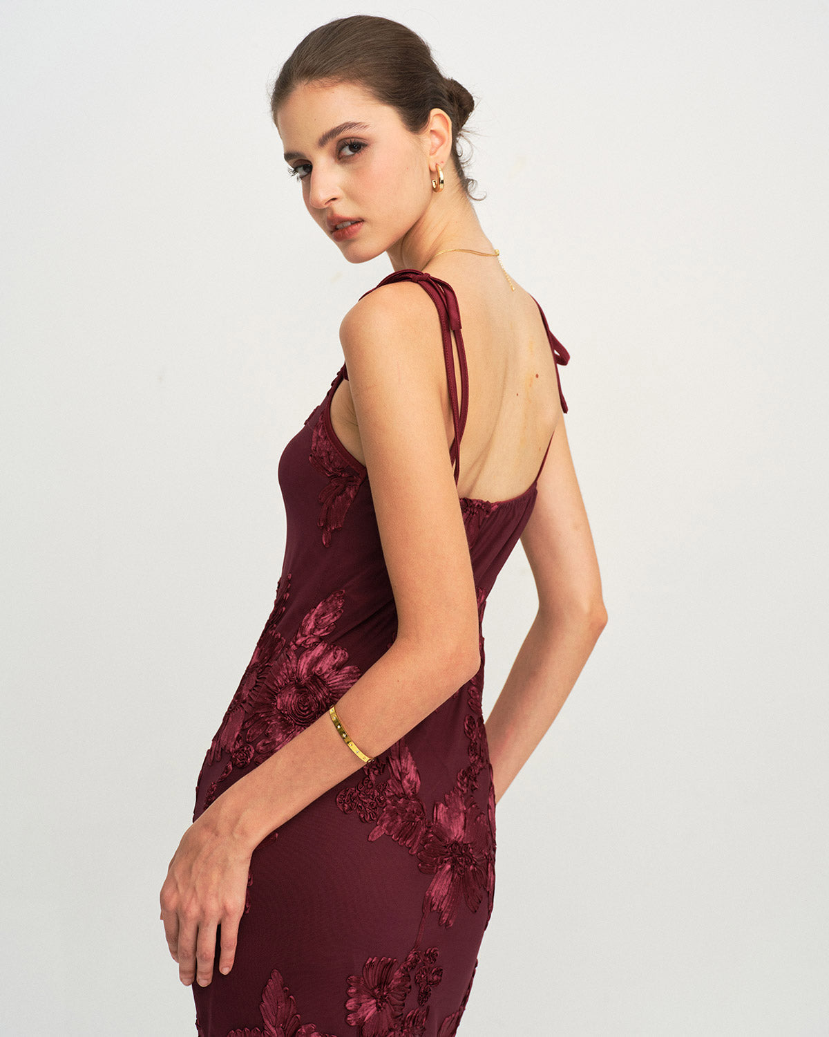 Wine Red Jacquard Slip Maxi Prom Dress