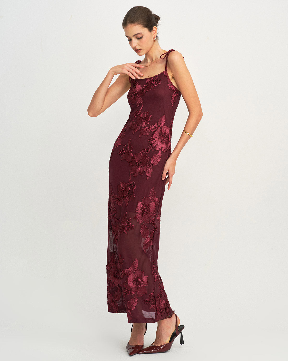 Wine Red Jacquard Slip Maxi Prom Dress