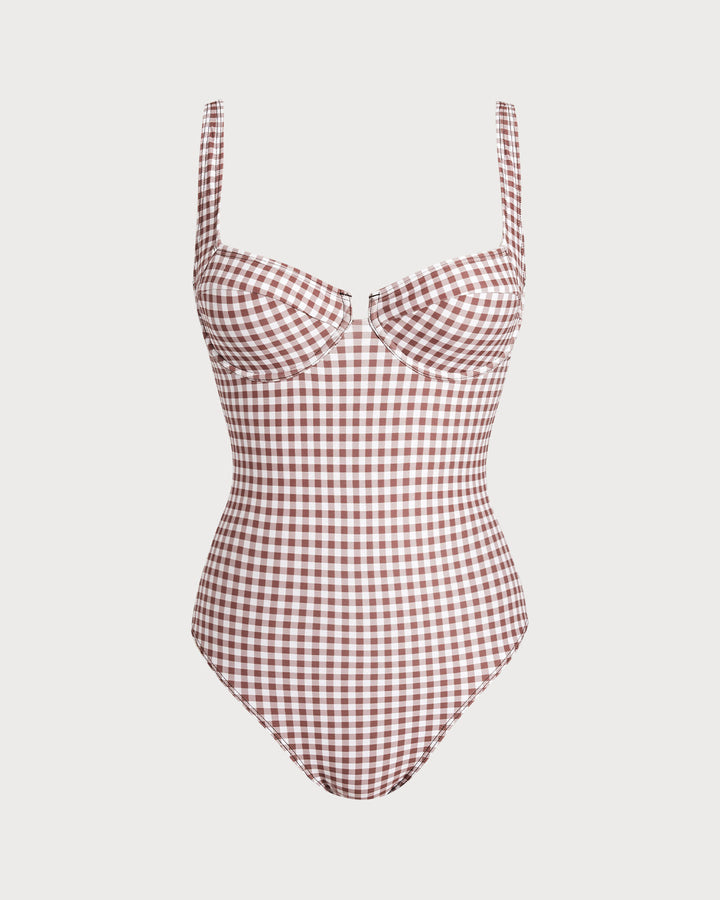 Coffee Plaid Underwire One Piece Swimwear